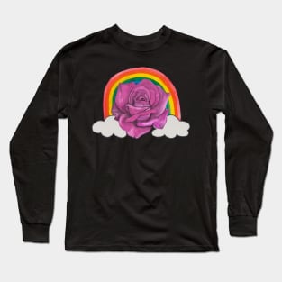 Pink rose with rainbow and clouds Long Sleeve T-Shirt